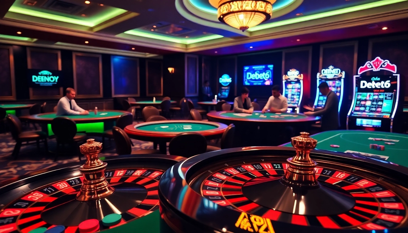 Experience the thrill at https://debet66.com/, where players engage at poker tables amid dynamic casino visuals.