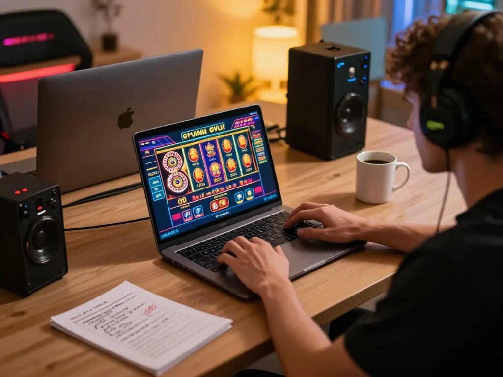 Player enjoying GVUI online casino games at home, demonstrating responsible gaming with strategies.