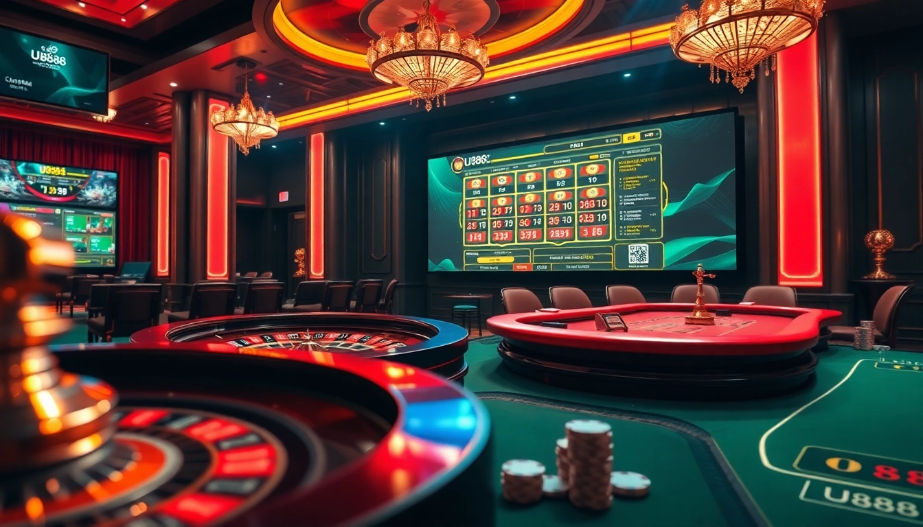 U888 online casino interface showcasing vibrant gaming action with poker chips and roulette wheel.