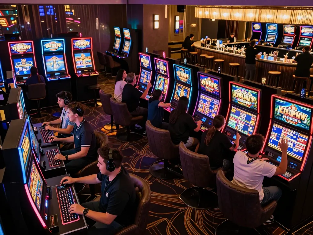 Excited players enjoying slots at MM88 casino with vibrant lights and dynamic displays