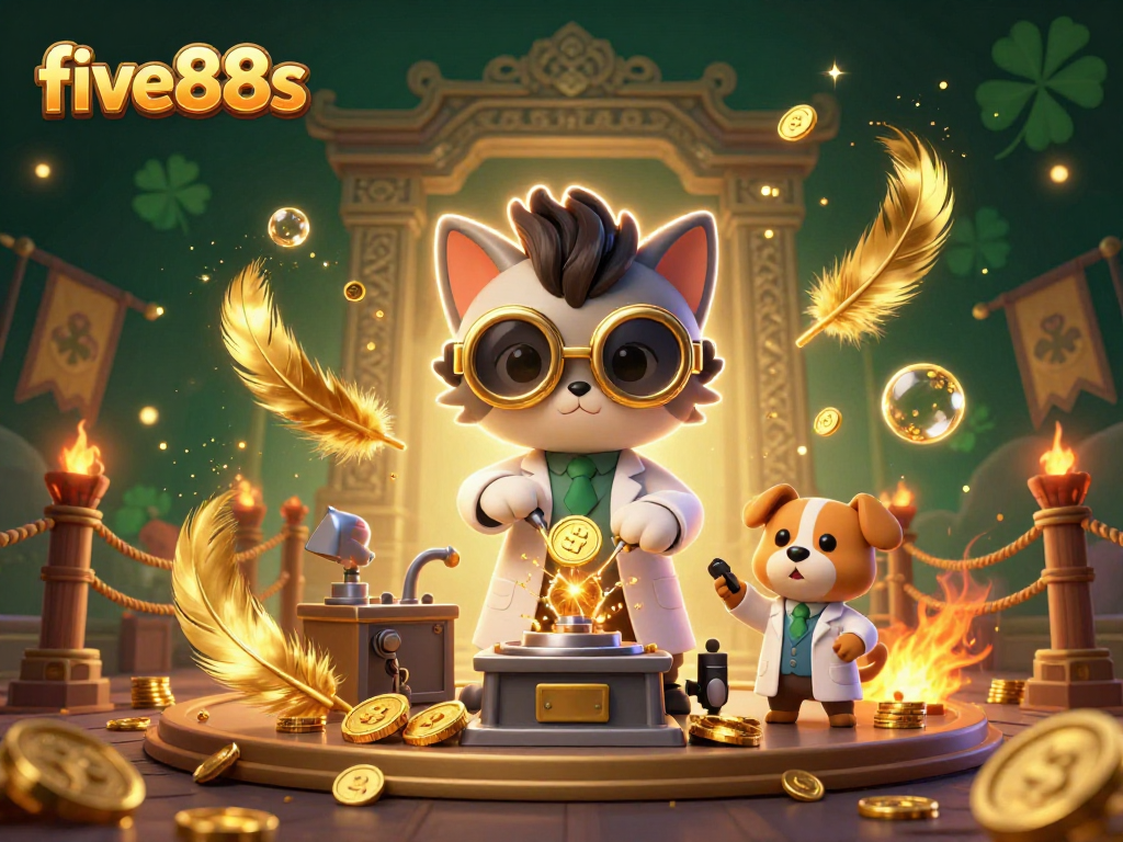 Experience the thrilling world of five88s with vibrant characters creating wealth amidst golden coins and casino excitement.