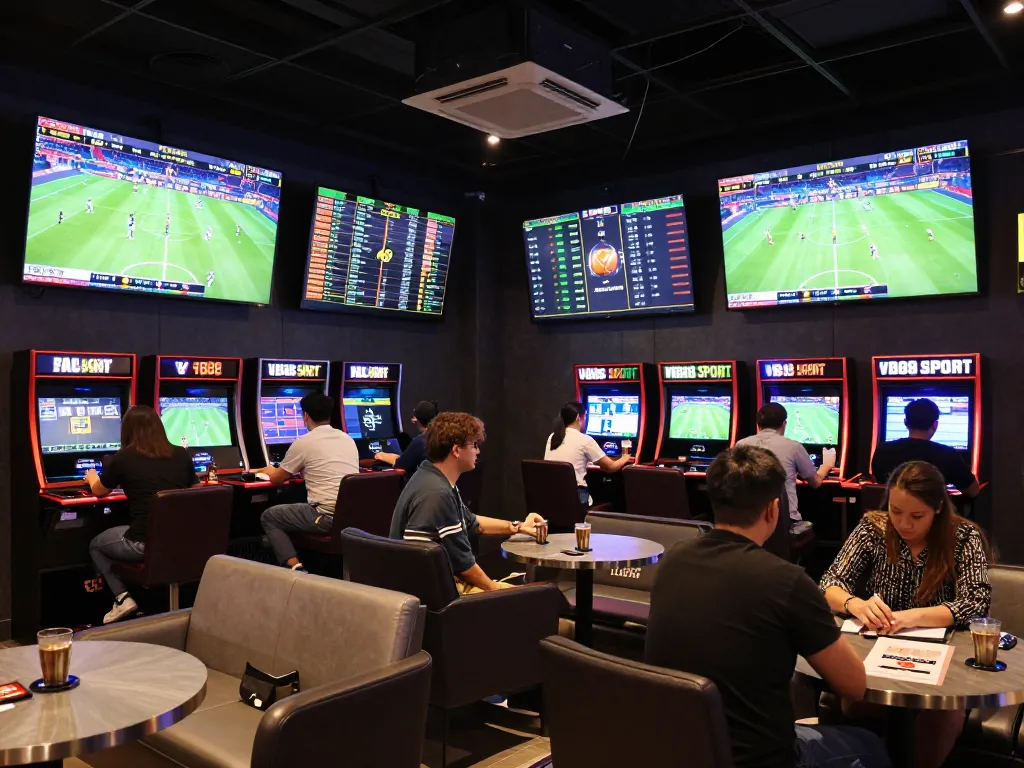 Excited bettors engaging with VB88 SPORT in a vibrant sports betting lounge atmosphere