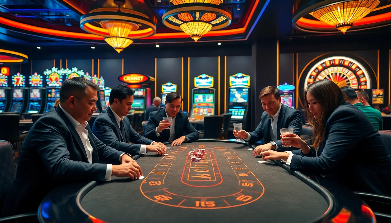 Engaging players at a poker table amidst a vibrant casino scene inspired by https://ta88.it.com/, filled with excitement and strategy.