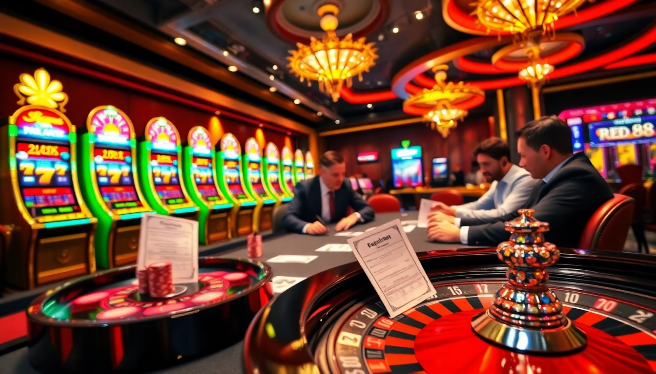 Players are strategizing at a poker table in the upscale casino scene highlighting red88.