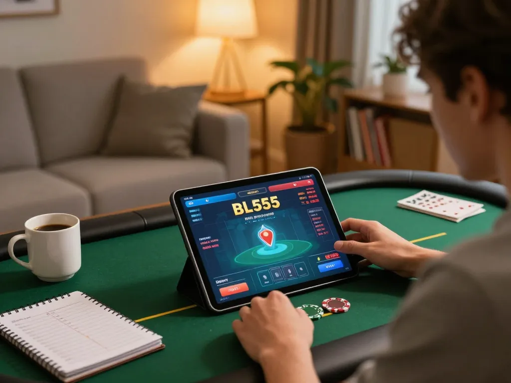 Player enjoying BL555 poker game on tablet with strategy notes and warm lighting at home.