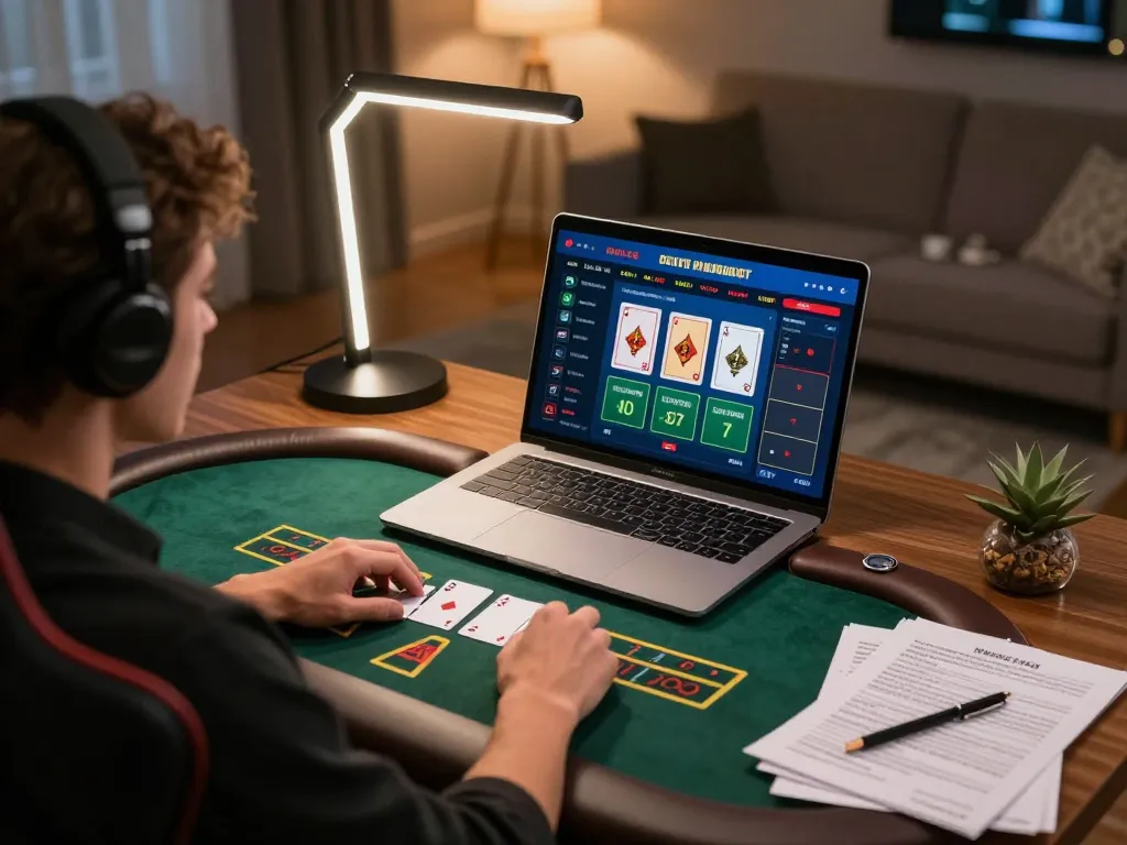 Engaging in live dealer blackjack online, kk44 player focusing on strategy in a modern gaming setup.