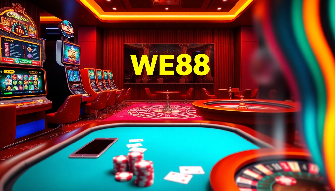 Experience the excitement of WE88 with vibrant casino elements featuring poker tables and slot machines.