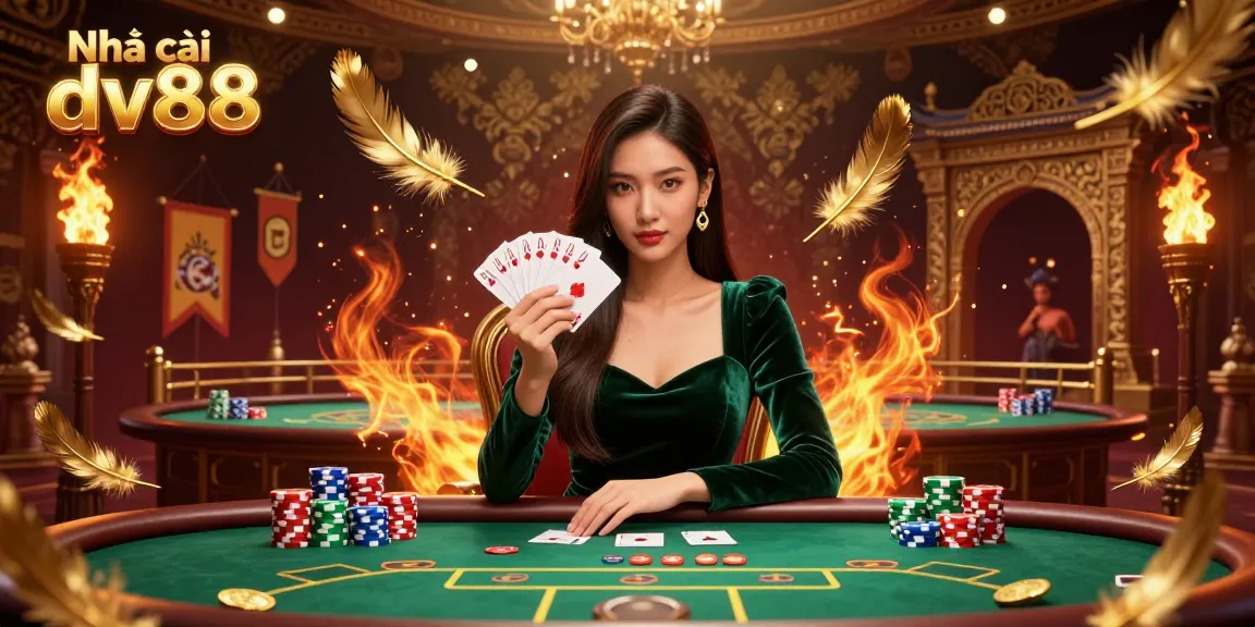 Experience the excitement at Nhà cái dv88 with a beautiful Asian woman at a luxurious poker table, showcasing thrilling gameplay.