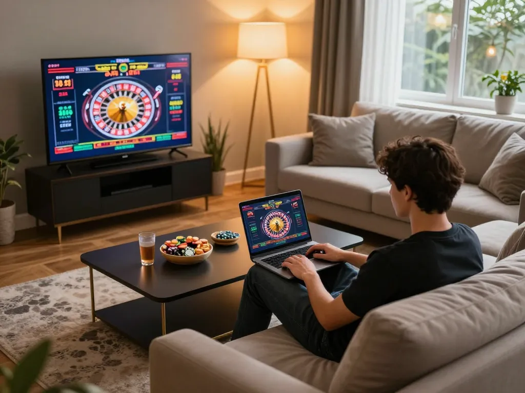 rr88me player enjoying a live dealer game at home on laptop, cozy setting with snacks