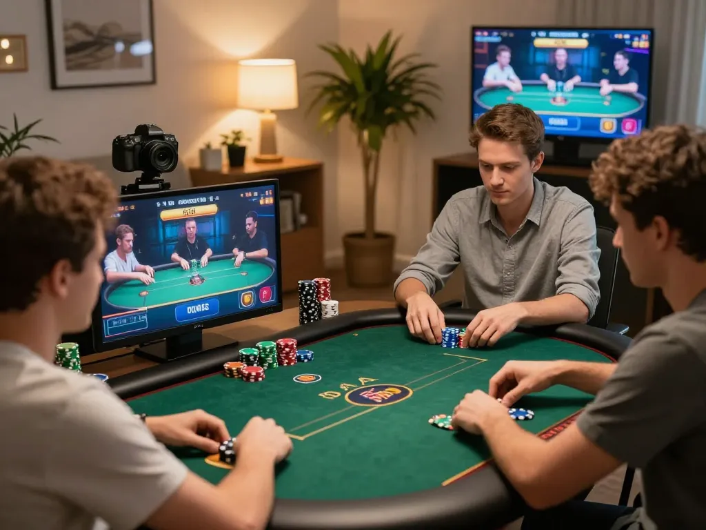 BOM88 players making strategic moves during an online poker game in a cozy home environment.