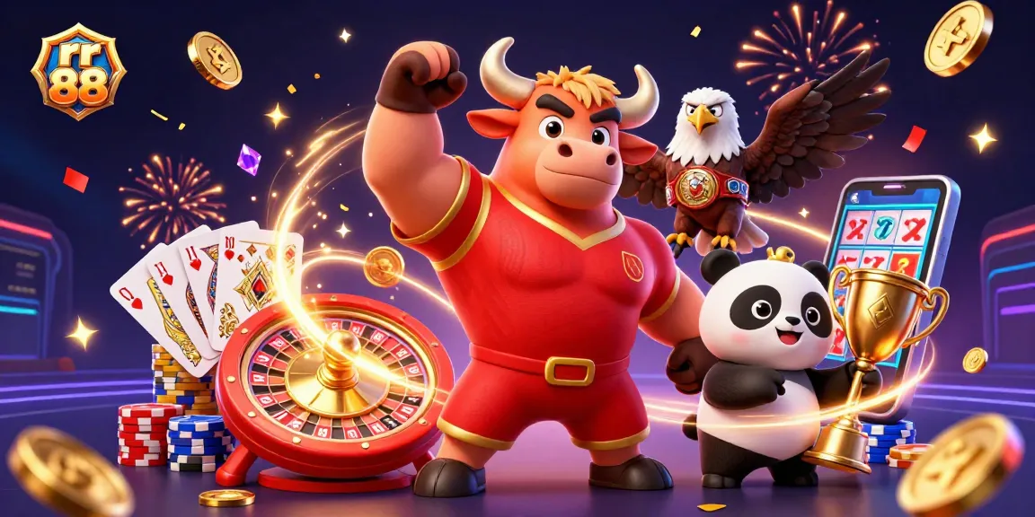 Win big with rr 88 in this vibrant 3D casino scene featuring golden trophies, sparkling gems, and energetic game elements.