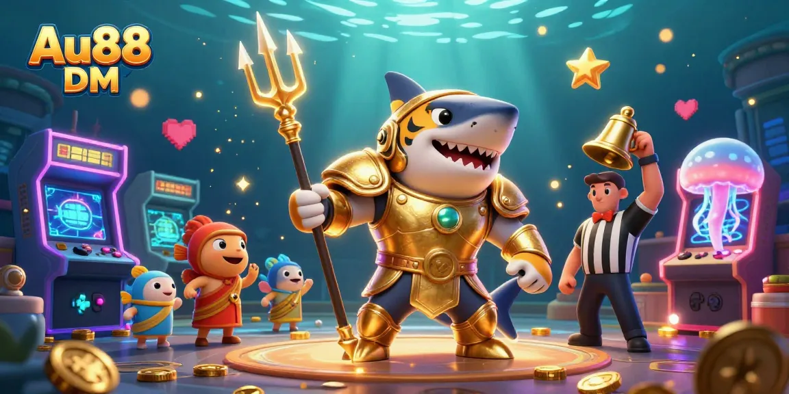 Engage in thrilling gameplay at Au88 DM with a powerful tiger shark champion in a vibrant underwater colosseum.