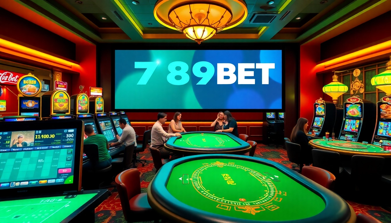 Engaging online gaming scene at 789BET, showcasing slot machines and players, emphasizing user-friendly experience.