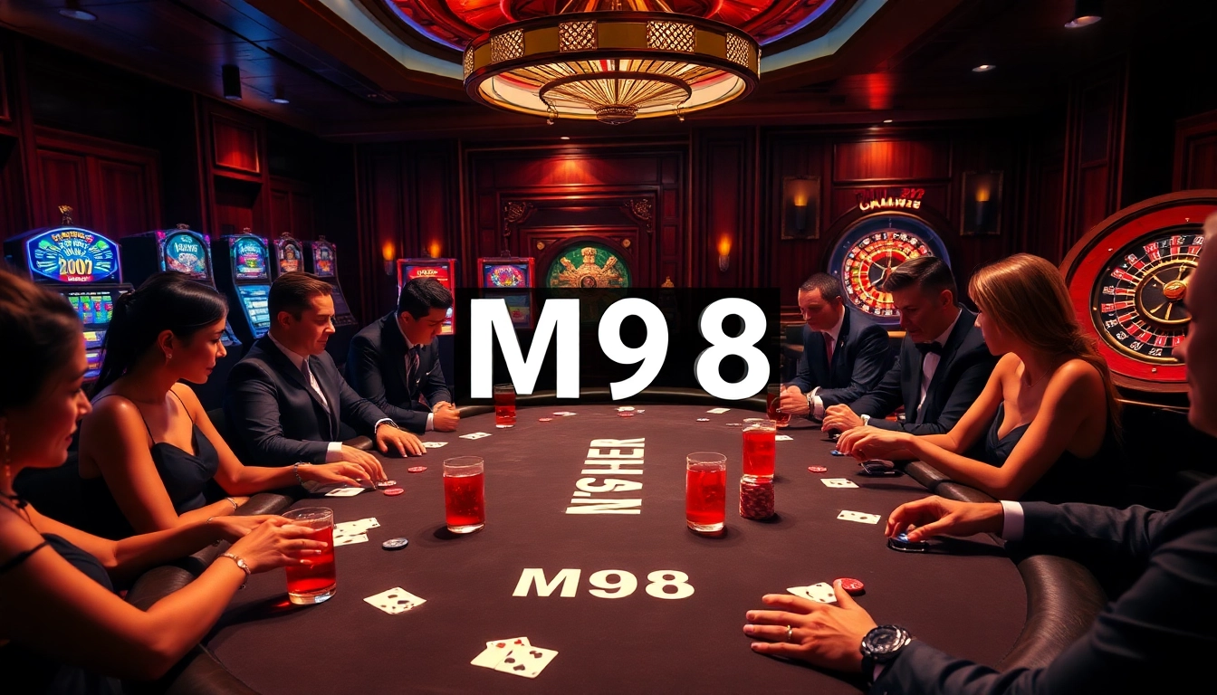 Exciting poker game at a luxury casino featuring M98-themed chips and cards in play.