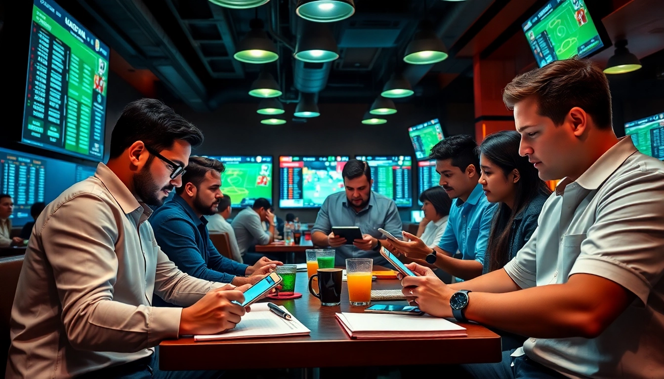 Engaged bettors analyzing keonhacai statistics in a lively sports bar.