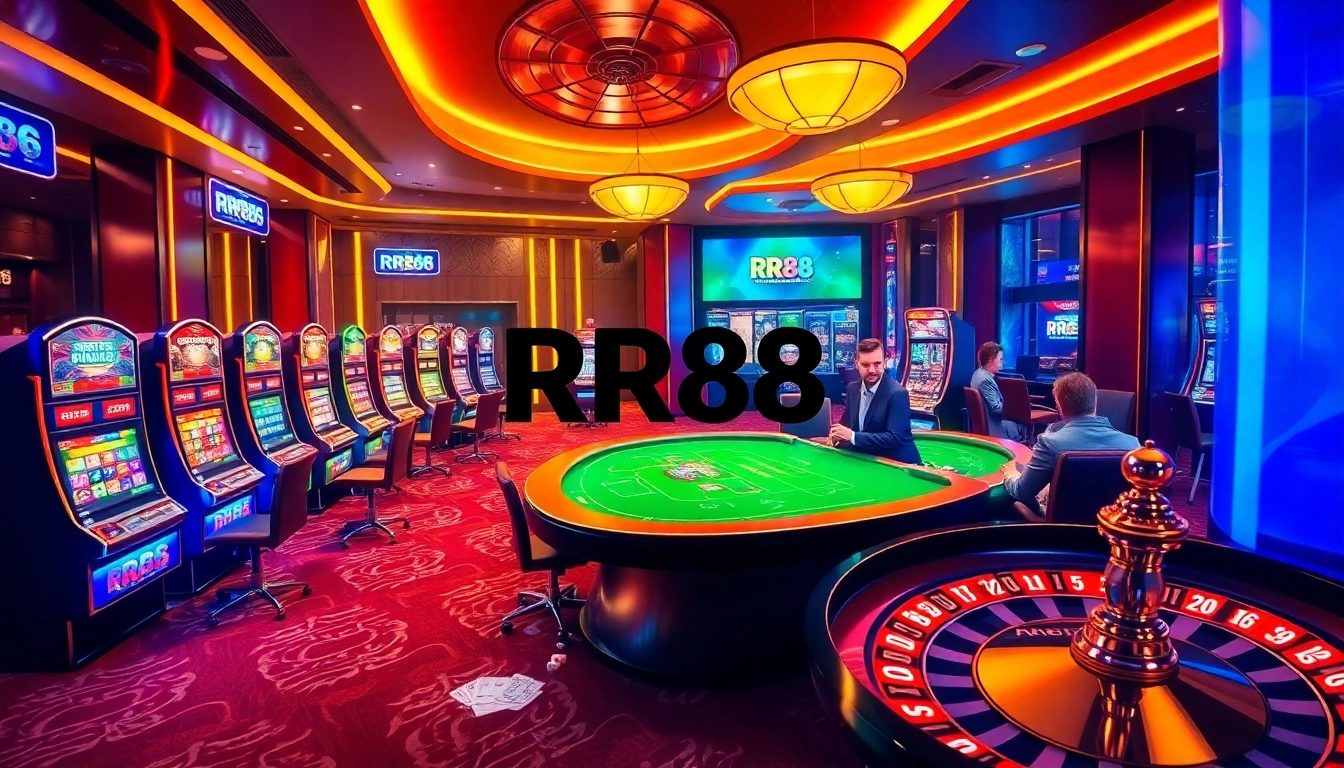 Experience RR88 with a vibrant casino scene featuring poker tables and slot machines.