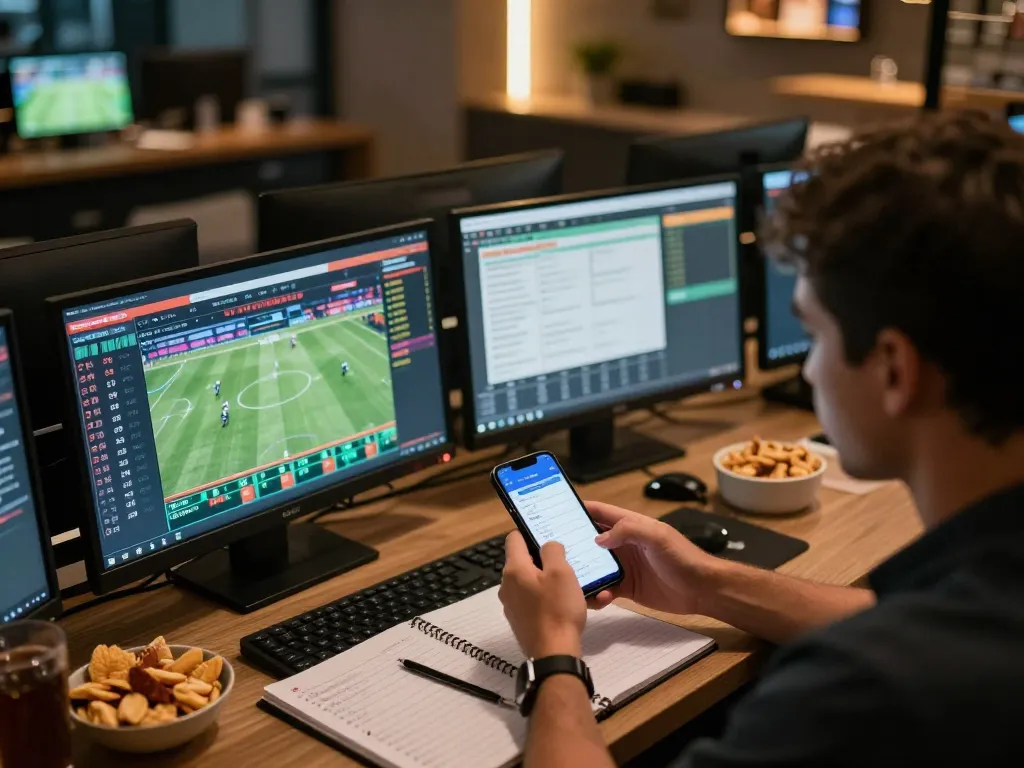 Engaged in strategic betting on 9Bet while analyzing live sports, showcasing an exciting sports betting atmosphere.