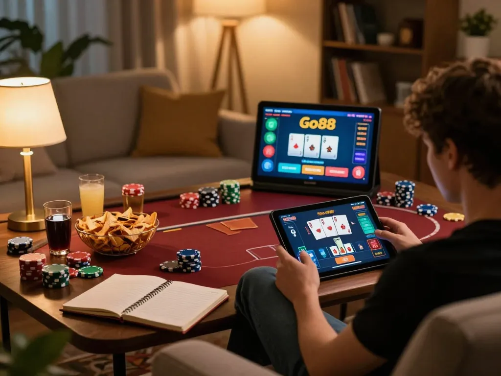 TẢI GO88 while engaging in online poker on a cozy sofa with snacks and warm lighting.