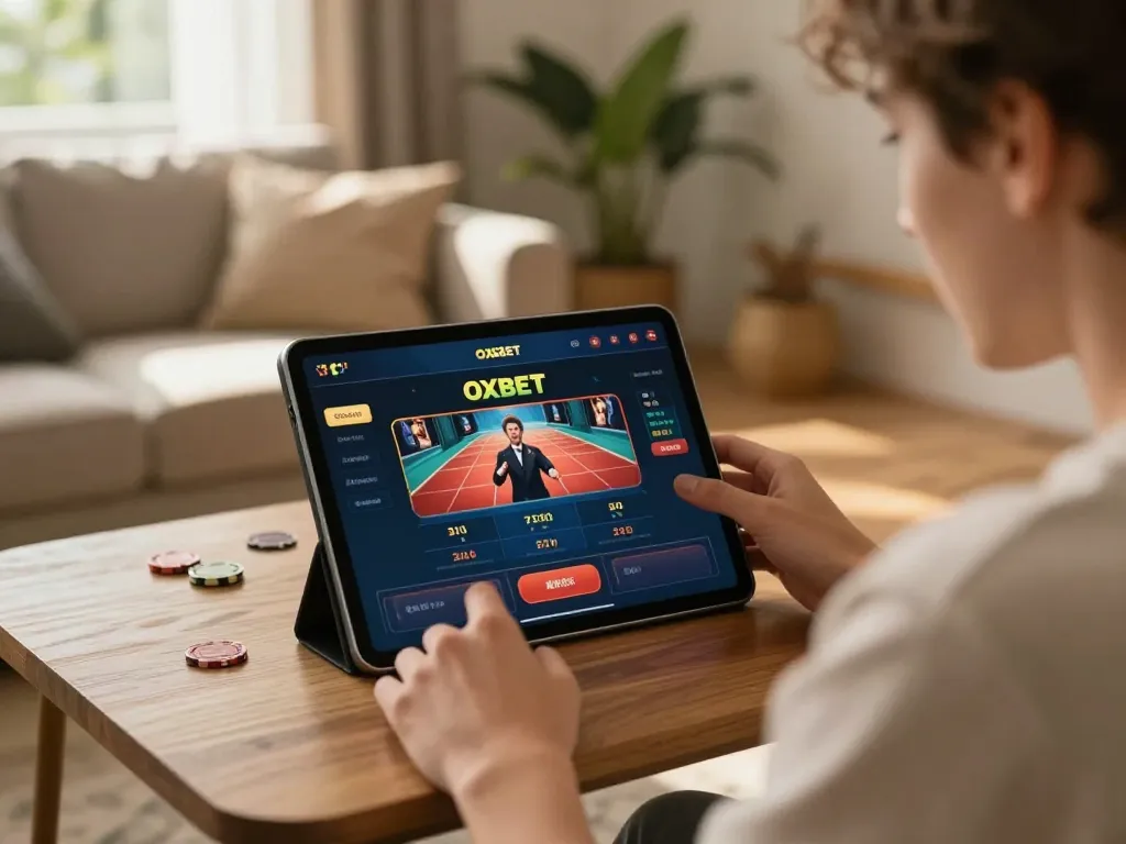 Player engaging with OXBET on a tablet in a stylish home gaming setup, showcasing immersive online casino experience.