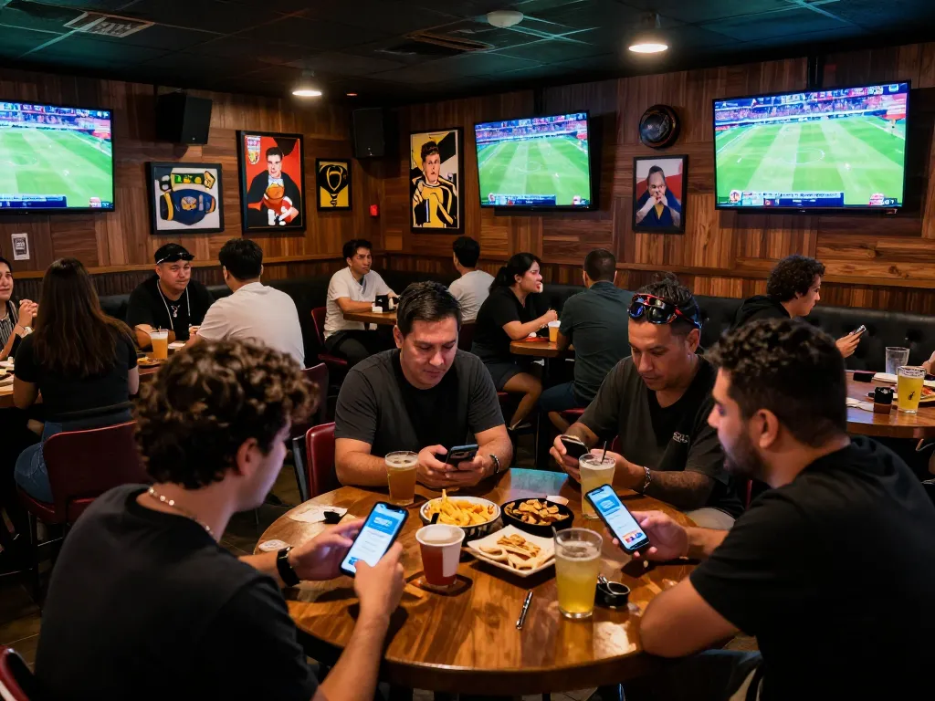 Fun88 users engaging in live betting during sports events in an energized sports bar