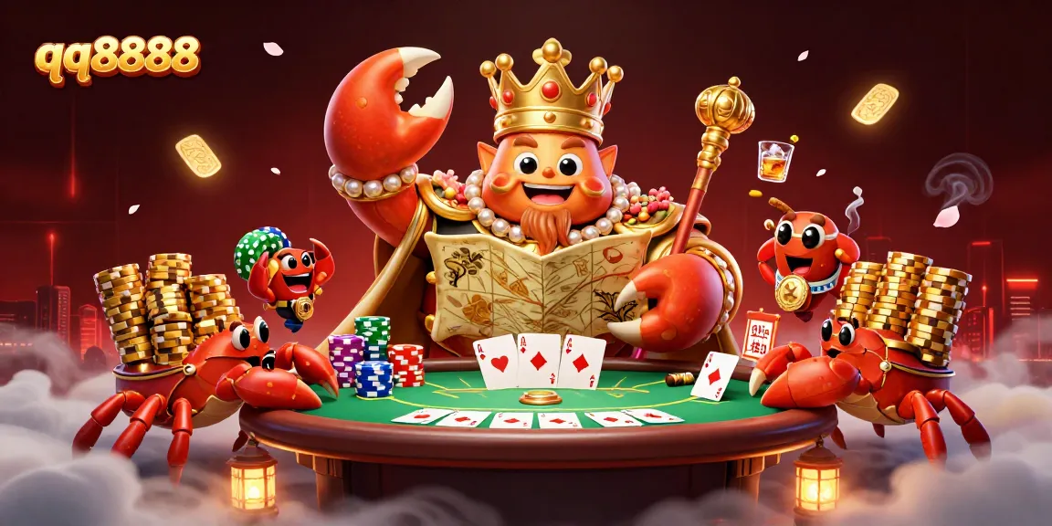 Experience thrilling gameplay at qq8888 with a golden crab emperor leading a vibrant poker scene.