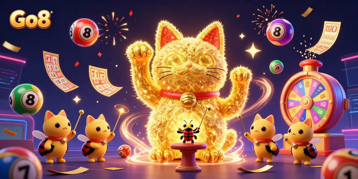 Go8 brings luck with a vibrant lucky cat and colorful casino elements in a dynamic illustration.