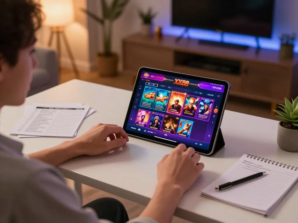 Player engaging in live casino games at XX88 from their home, showcasing a vibrant gaming atmosphere
