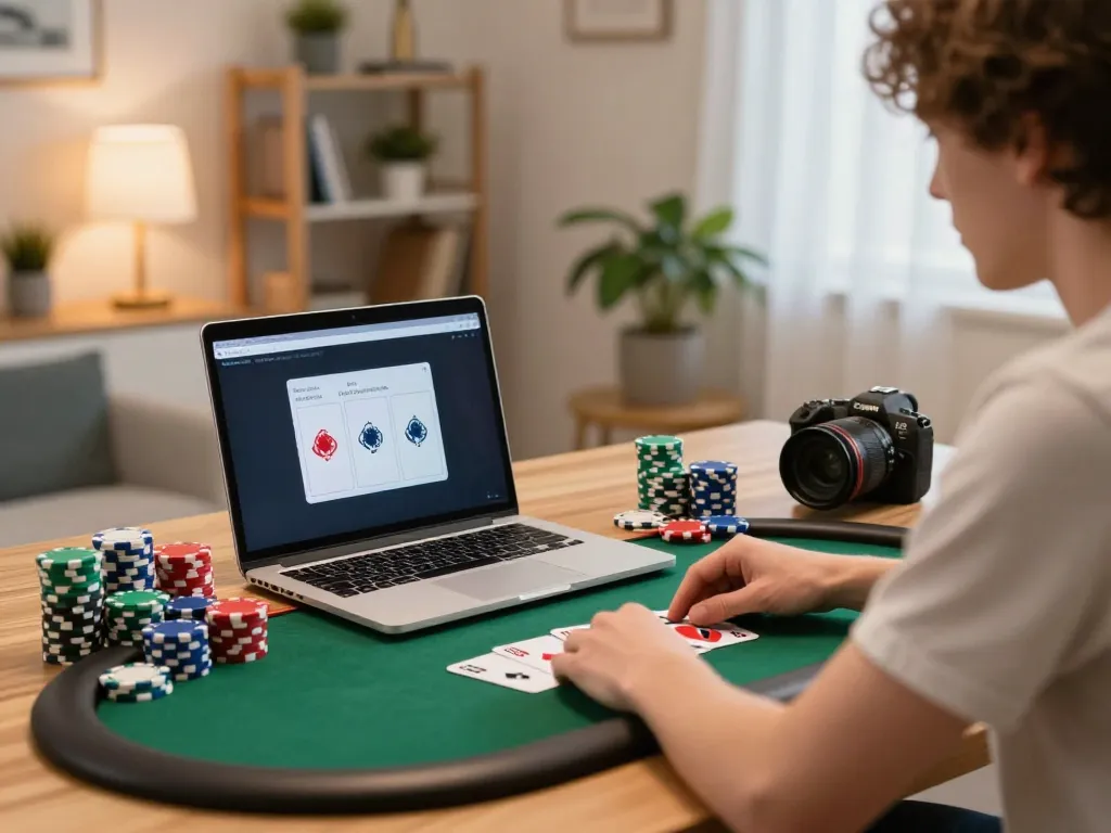 SKY88 player engaged in an online poker game at home, showcasing strategic gameplay with colorful chips.