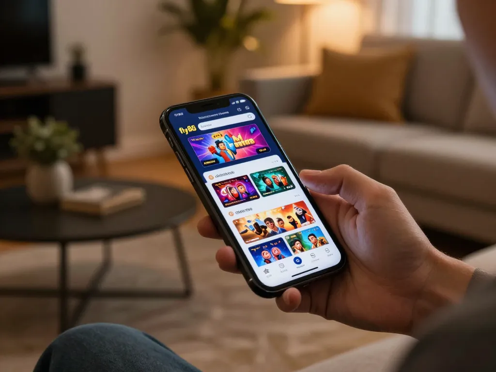 Using fly88 đăng nhập on a smartphone, showcasing an online casino game interface in a cozy home setting