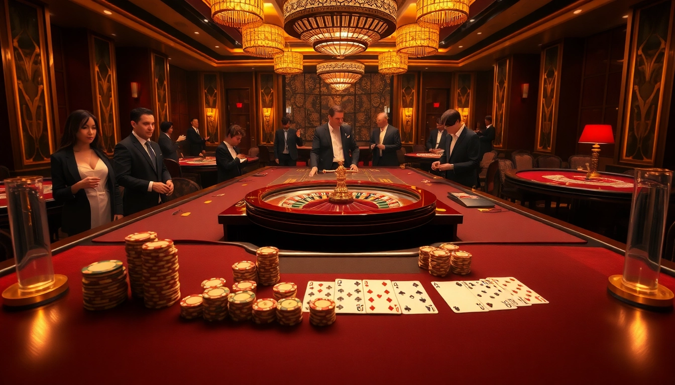 Gambling excitement at UU88 casino with poker chips and roulette at glamorous tables.