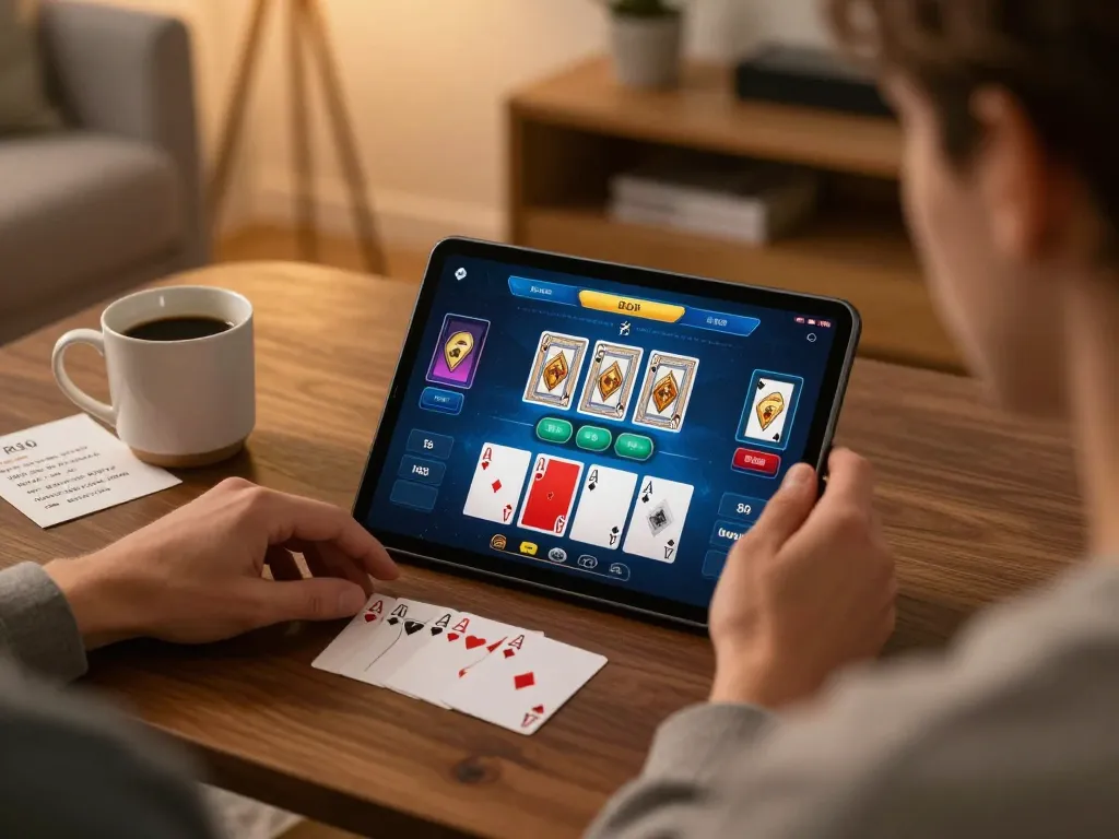 Engaging gameplay of Link mới Rik88 on a tablet while relaxing at home, highlighting responsible gambling.