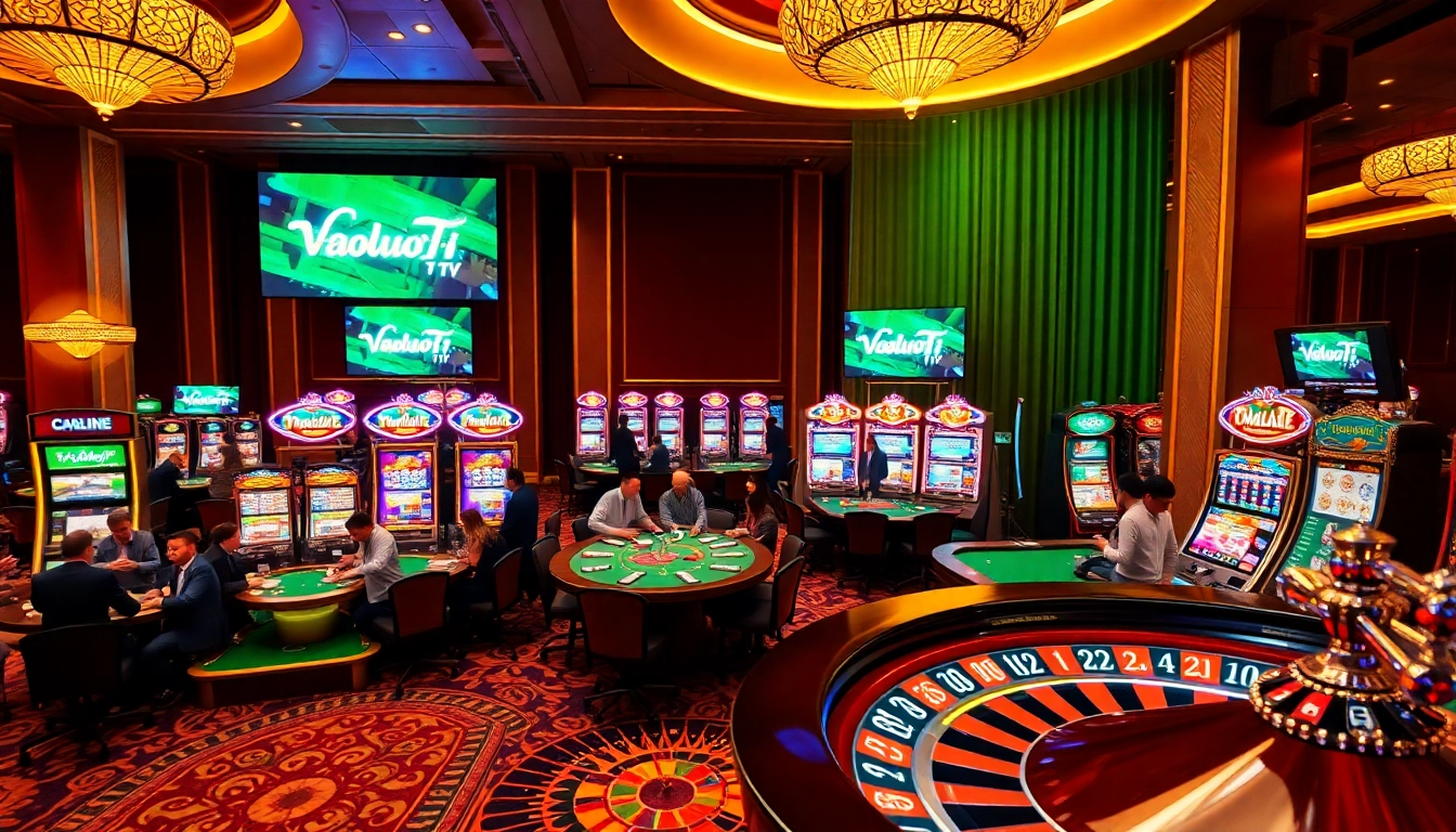 Vaoluoi Tv enhances excitement at a luxury casino table with enthusiastic players.