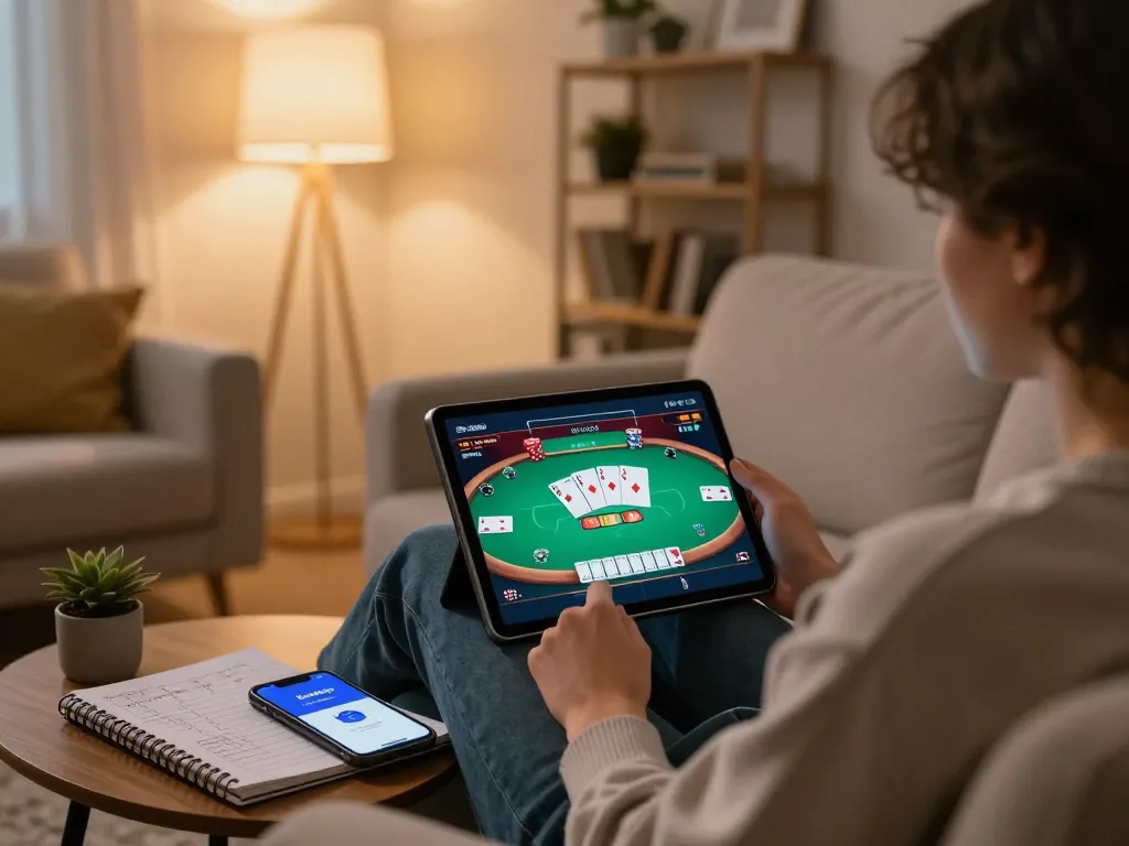 Engaging in online poker with fc88k app in a cozy living room, showcasing strategic gaming.