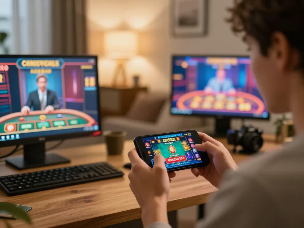 Engaging gaming scene with Link Tic88 chính thức app displayed on smartphone during a casual home gaming session