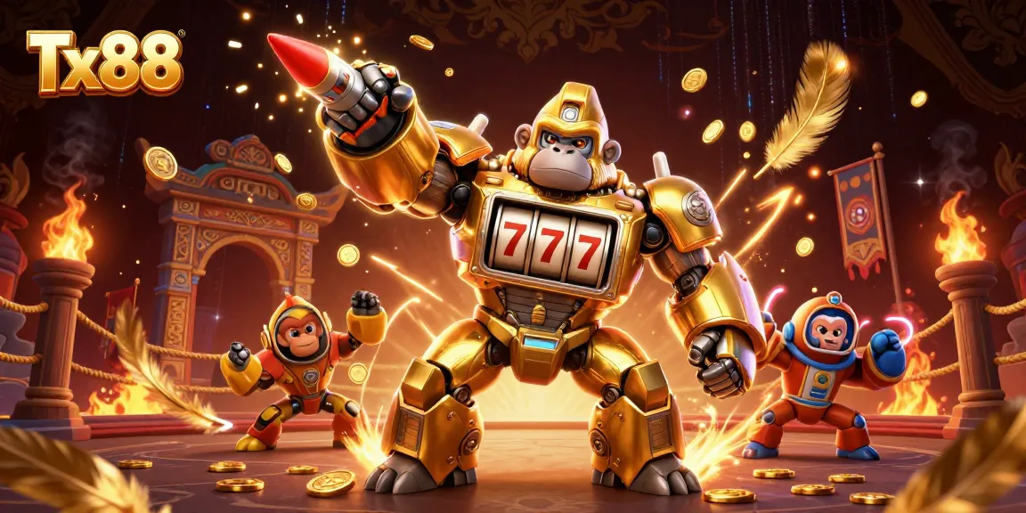 Engage with Tx88 in an exciting casino scene featuring a golden gorilla mech and vibrant game elements.