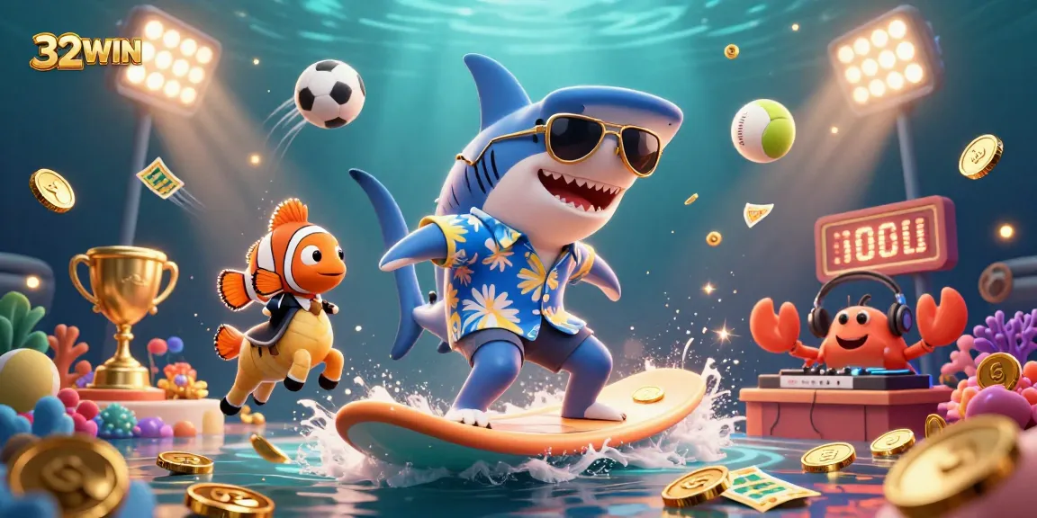 Join the thrill of betting at 32WIN as a shark catches waves of gold coins amidst dynamic sports elements.
