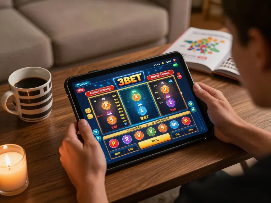 Engaging online gaming scene at 3BET with a player analyzing options on tablet displaying casino games.