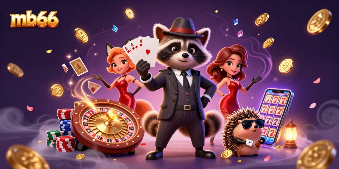 Experience thrilling gameplay with mb66, featuring a raccoon in a suit, royal flush, and casino elements.