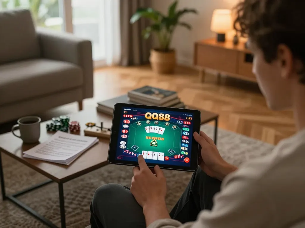 A person enjoying a QQ88 online betting experience on their tablet in a cozy living room.