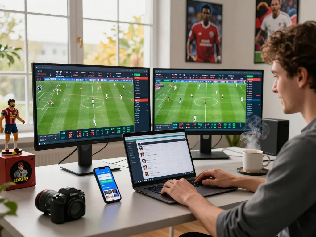 Engaged bettor utilizing kèo nhà cái in a modern sports betting environment, focusing on live match statistics and betting interfaces.
