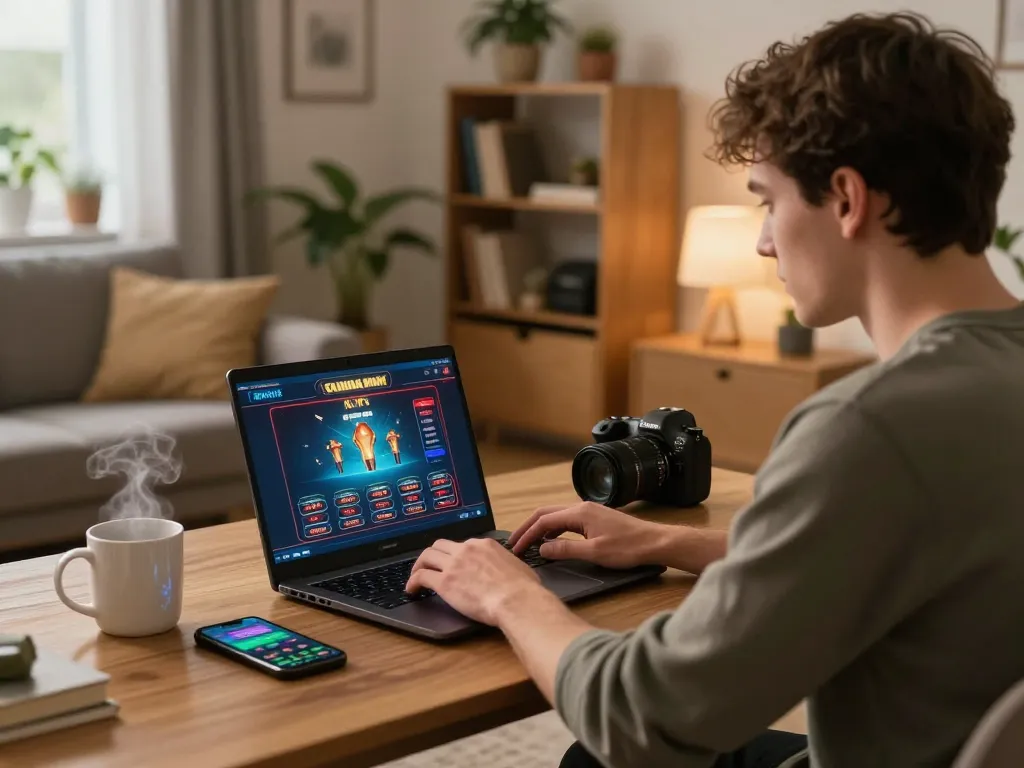 KJC webcam view of a player strategizing in an online casino gaming setup with laptop and smartphone