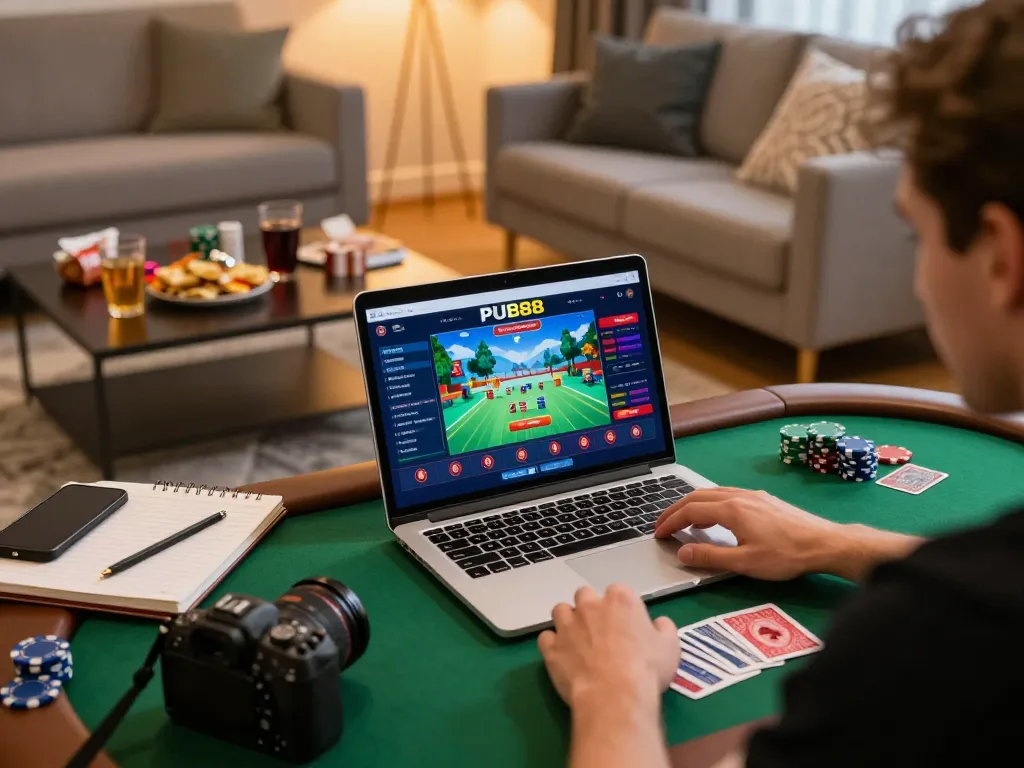 Player enjoying PUB88 online gaming at home, cozy ambiance with focused engagement and snacks
