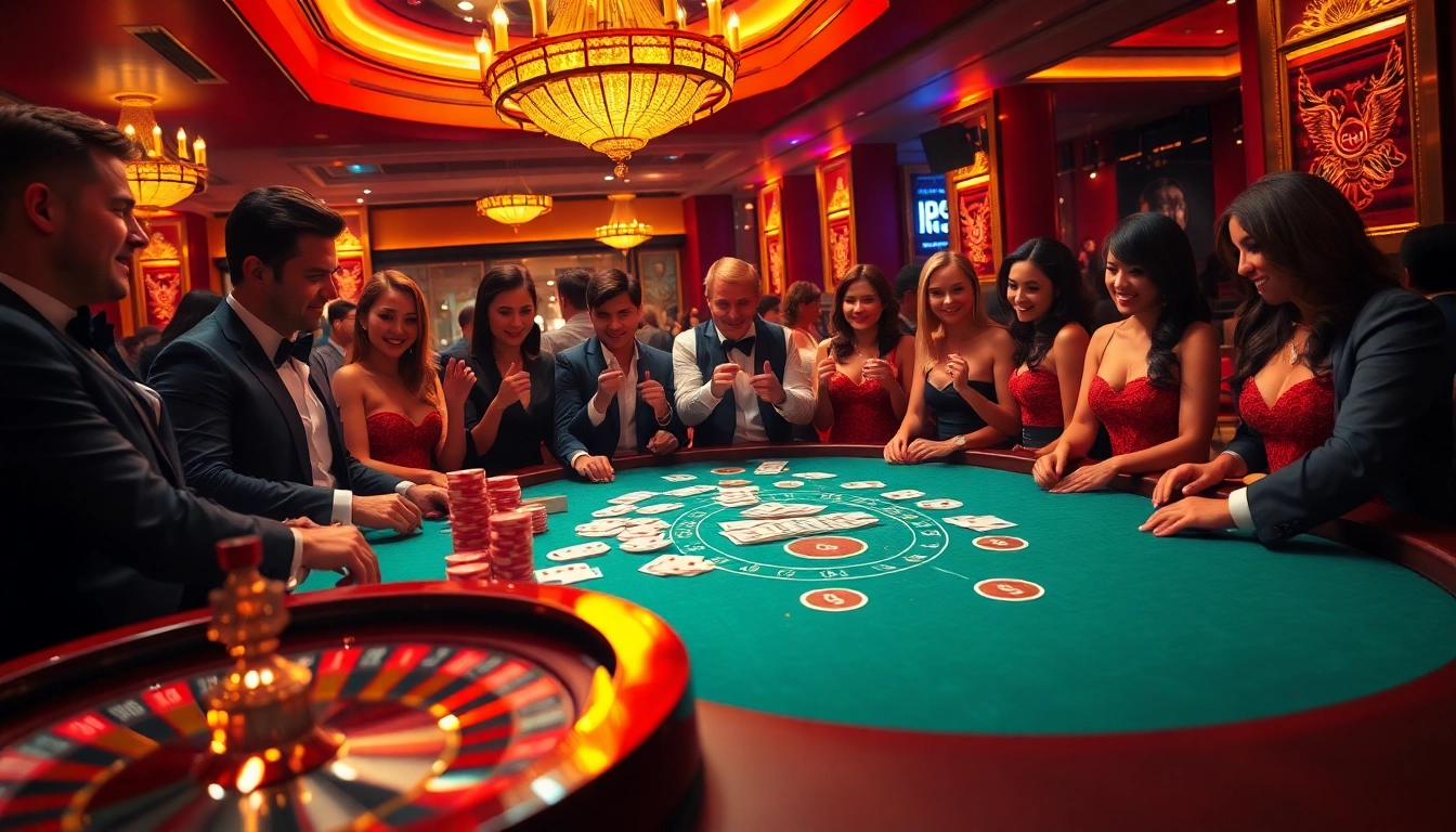 Players engaged in an exciting game at a luxury casino table with VB88 poker chips prominently displayed.