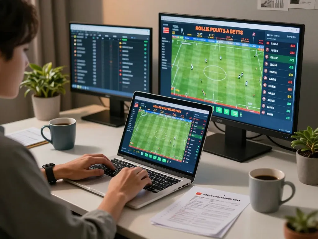 Engaging sports betting scene featuring real-time ty le keo nha cai odds displayed on laptop, showcasing strategic gameplay.