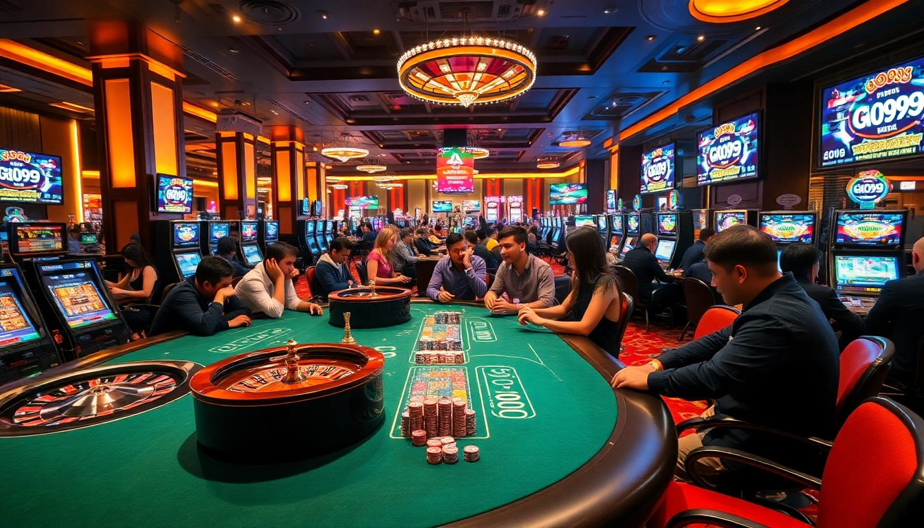 Excited players enjoying a GO99 casino experience with poker tables and slot machines.