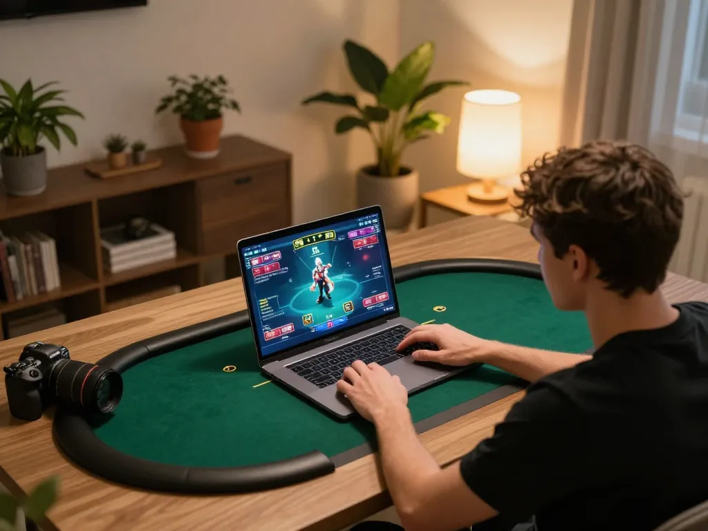 Player strategizing in an immersive online poker game at 11win, showcasing vibrant gaming interface at home.