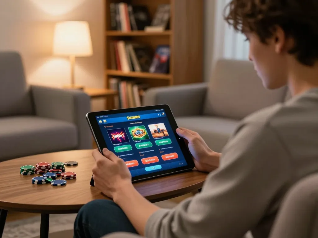 Engaged player using Sunwin casino app on a tablet in a home gaming setup with strategy books nearby.