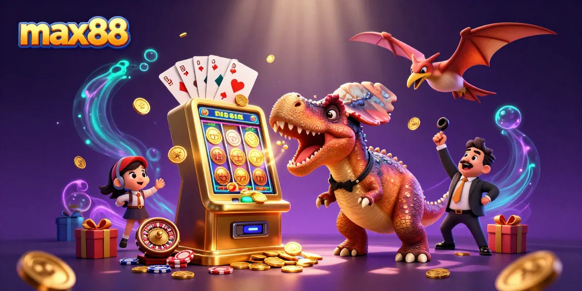 max88 features a thrilling scene of a cartoon dinosaur and casino elements creating joyful chaos in a vibrant casino atmosphere.