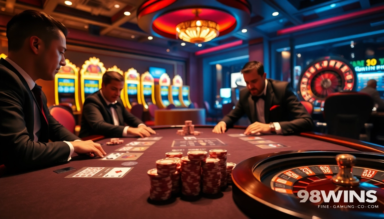 Intense poker game at a casino table showcasing 98WINS CO COM, with vibrant colors and rich details.
