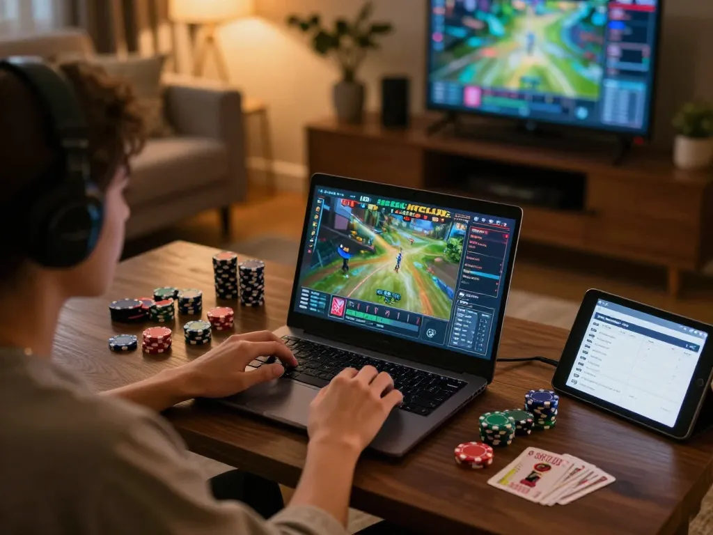 Engaging gaming session on HITCLUB with a player focused on laptop in a cozy living room.